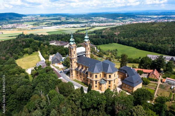 Aerial view, Basilica Vierzehnheiligen, Upper Main Valley, Franconia, Bavaria, Germany,